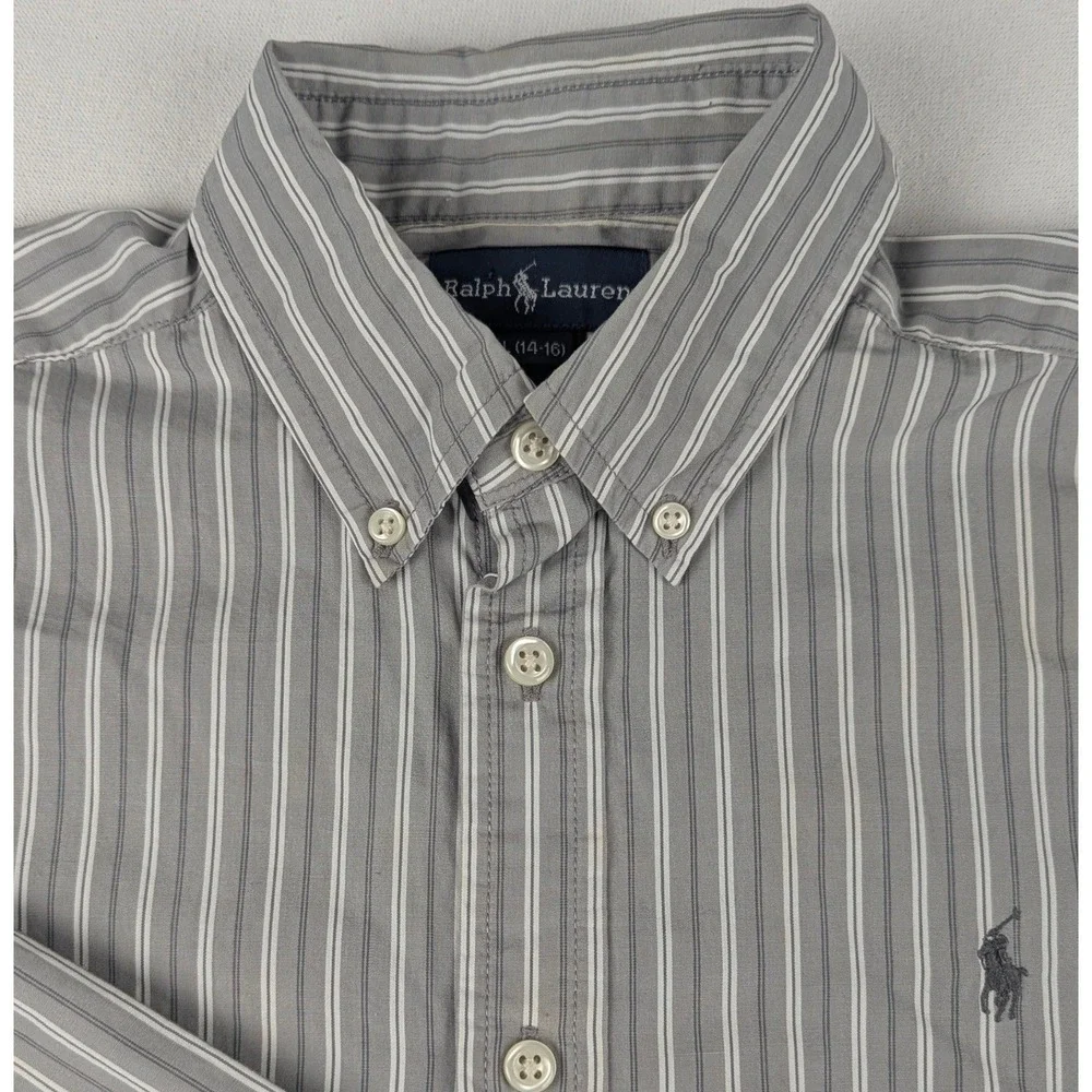 Ralph Lauren Boys Grey White Striped Long Sleeve Button Down Shirt Size L 14-16